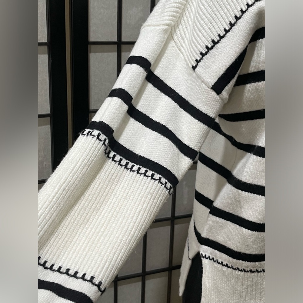 Greige Ribbed Knit Sweater Black - White Stripe, Coastal, WOMEN SIZE L - Picture 10 of 13